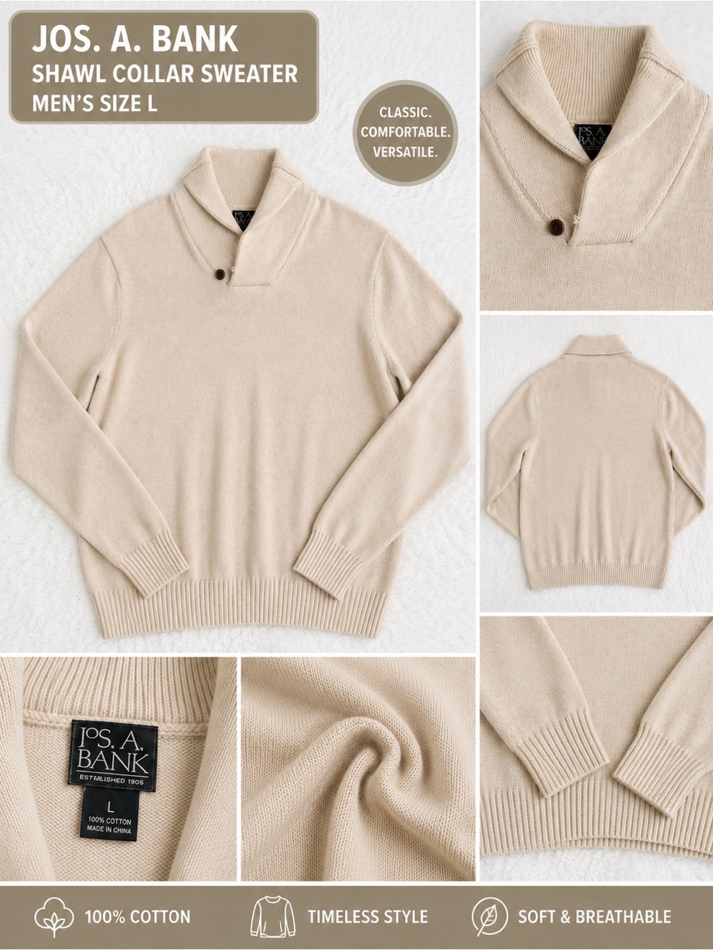 Jos. A. Bank Beige Shawl Collar Cotton Sweater
